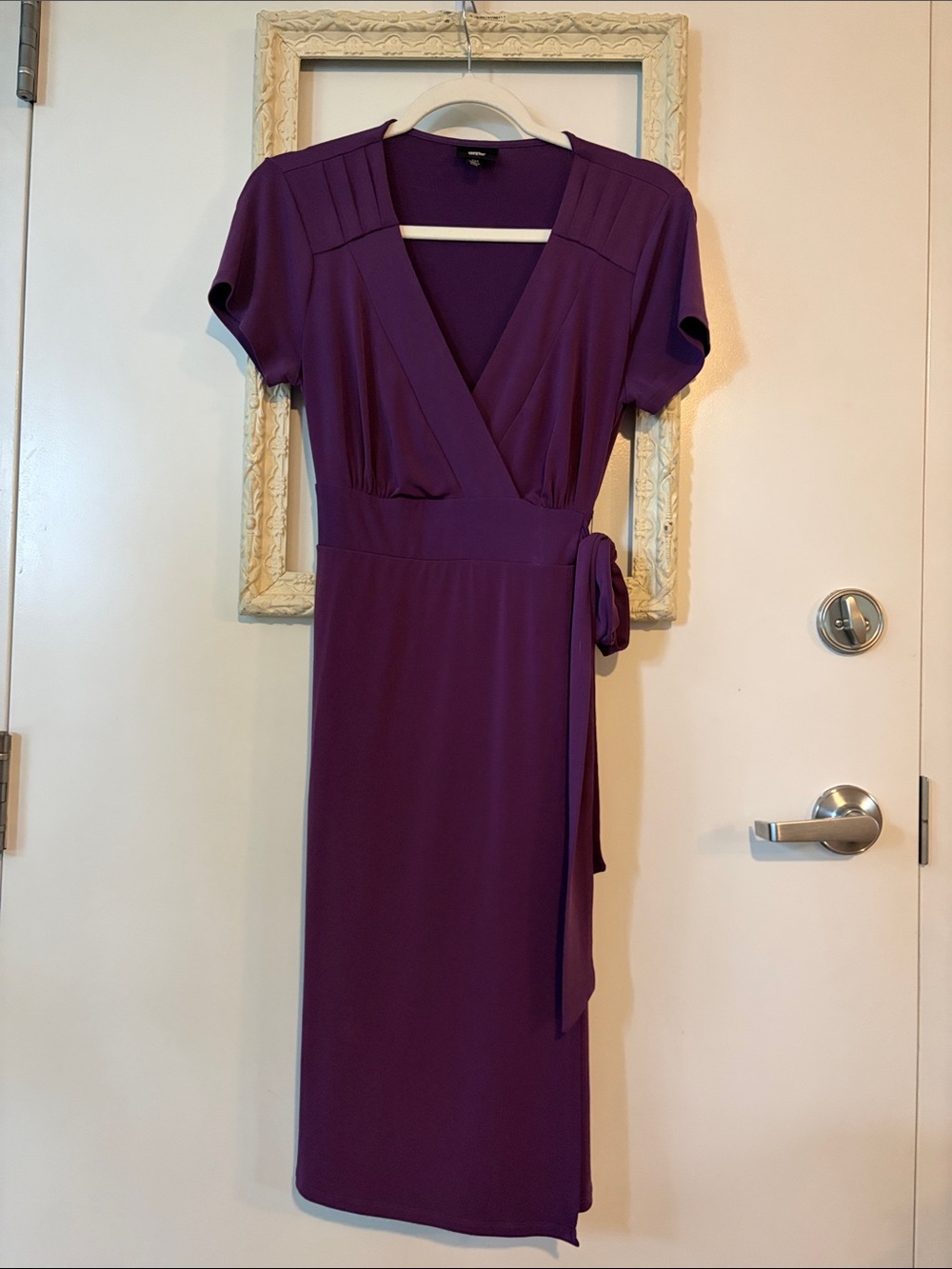 MASSIMO | Women's Purple Wrap Midi Dress - Classic V-Neck Tie Waist